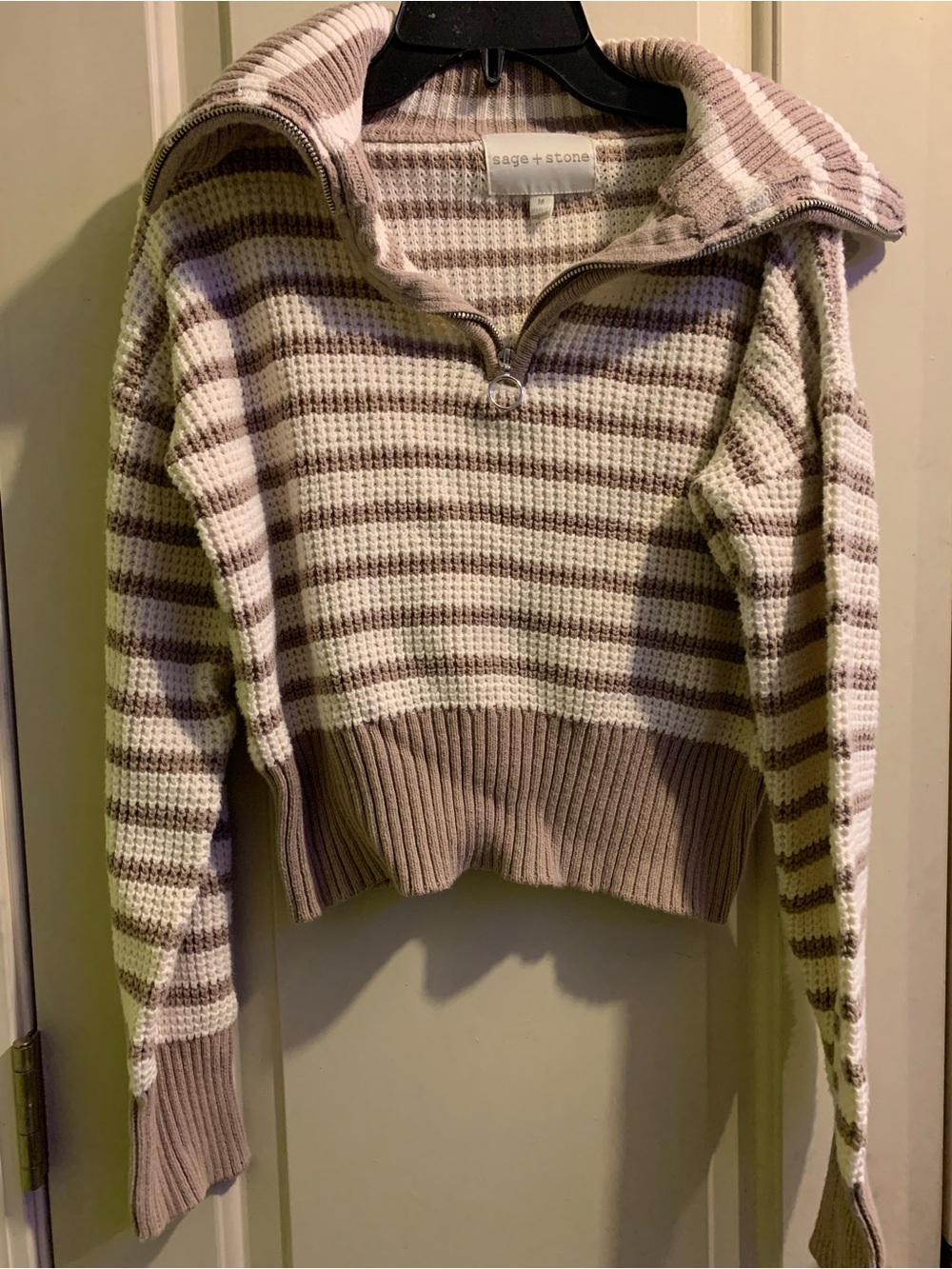 Taupe & Cream Striped Half‑Zip Cropped Sweater